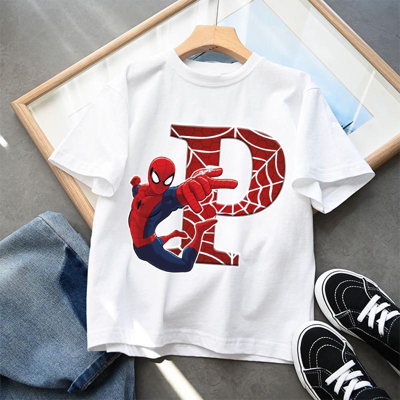 2026 New Childrens Spider Unisex Cartoon Letter Printed Tshirt Cotton Tshirt Boys Short Sleeved Top Childrens Clothing