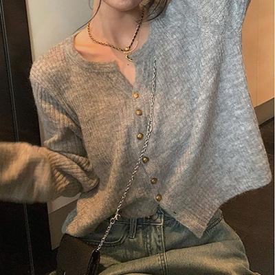 Cardigan tricoté doux et paresseux à col rond, texture douce et cireuse, haut pour femme, nouveau pull fin de fond pour l'automne et l'hiver