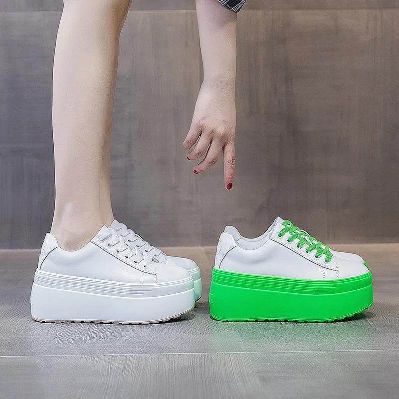 Fashion High quality 8cm Super High Platform Wedge Sneakers Genuine Leather Shoes Women Spring Autumn Green White Shoes Summer Sneakers