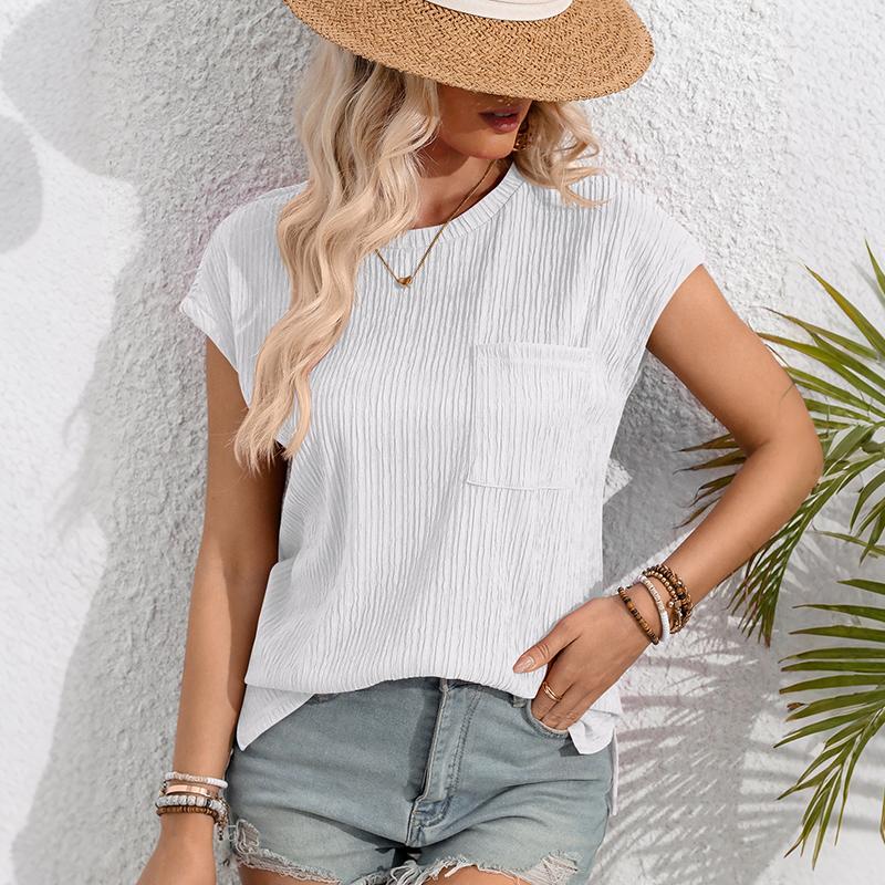 Ladies Summer Short Sleeve O Neck Solid Color Single Pocket Breathable Pullover T Shirt Top