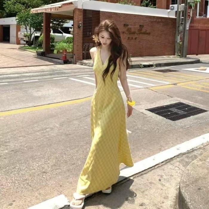 French Plaid Yellow Midi Dress - Summer 2025 Slimming Vacation Style XL ⚑⚑