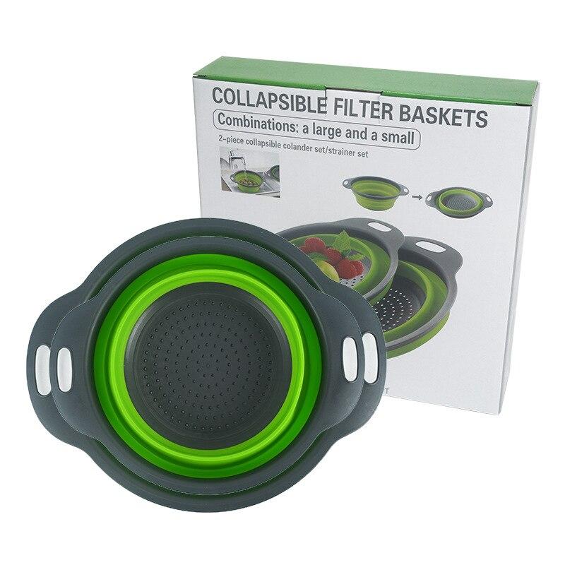Creative Green Silicone Round Folding Vegetable Fruits Washing Drain Basket Colander Strainer Collapsible Drainer Kitchen Tool