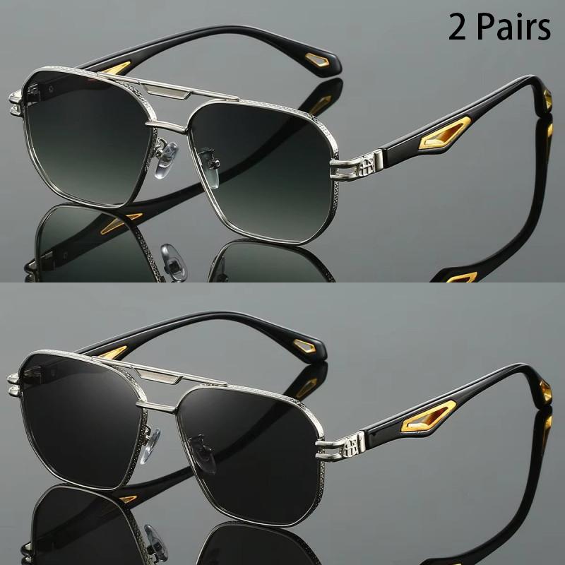 2 Pairs Vintage Square Sunglasses Men Gradient Multi-color Casual Shades Women Trendy Double Bridge Luxury Design Sun Glasses