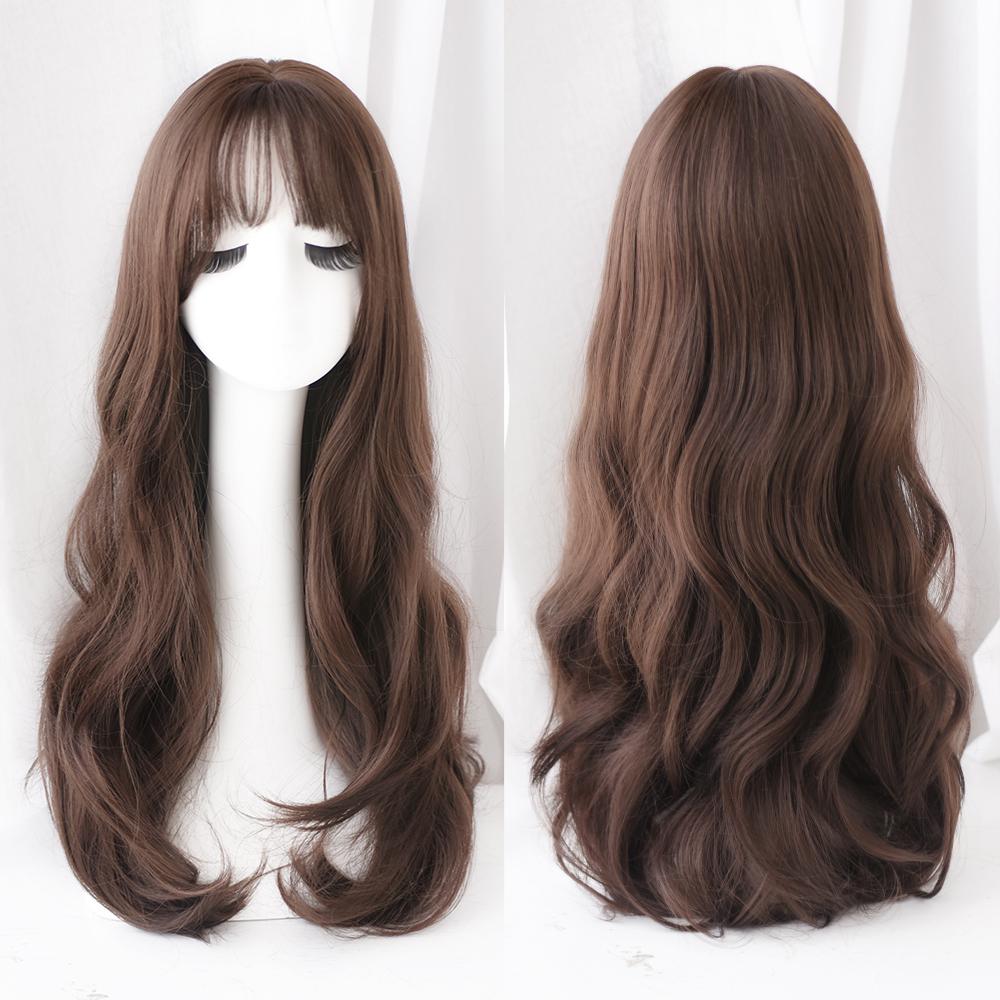 Lange Lockige Haare Damen Perücke mit Pony Täglich Braun Schwarz Rosa Lolita Cosplay Geflochtene Perücken Hitzebeständige Faser Party Kunsthaar