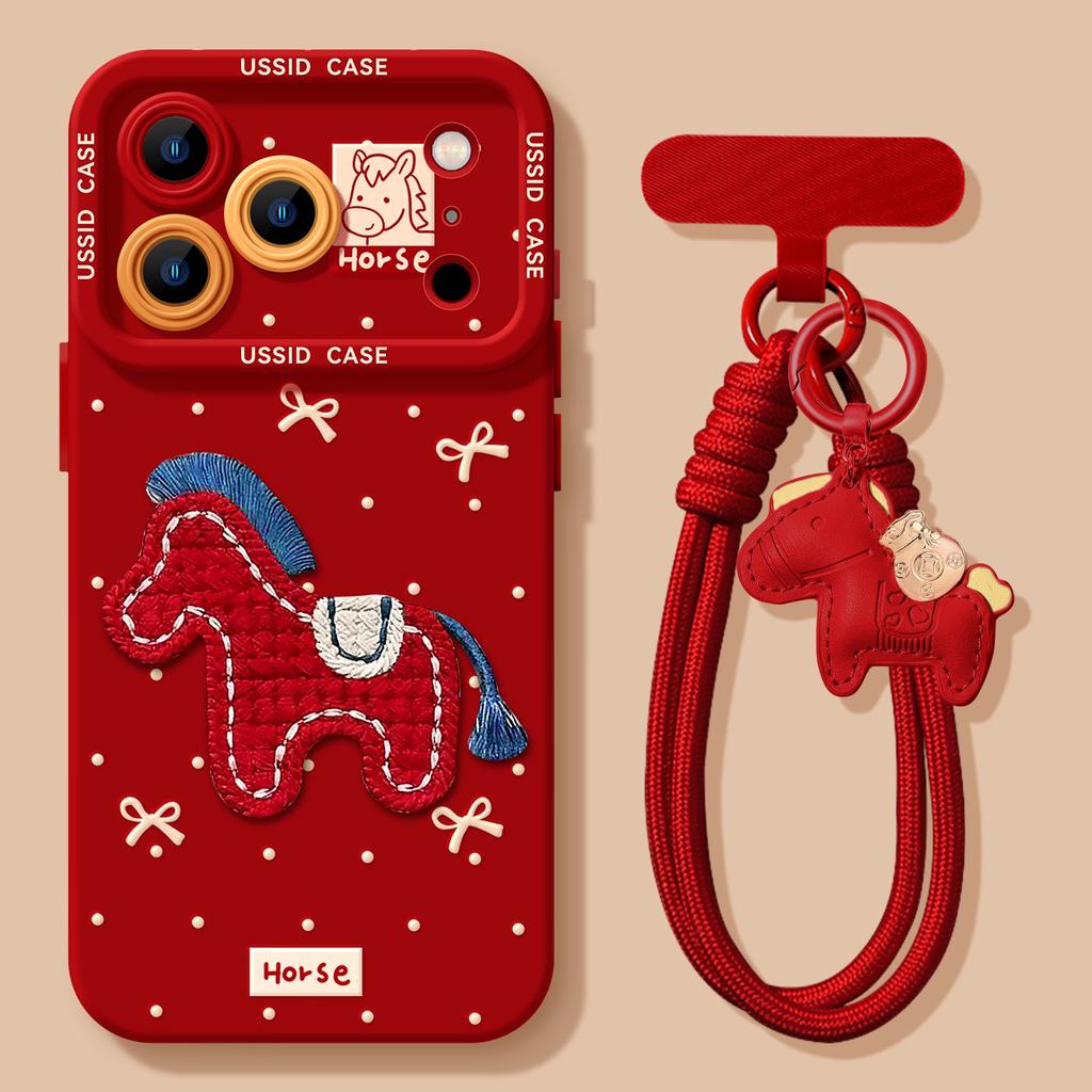 Embroidered Three-dimensional Pony Is Suitable for Apple 17pm Red High-value Soft Phone Case.