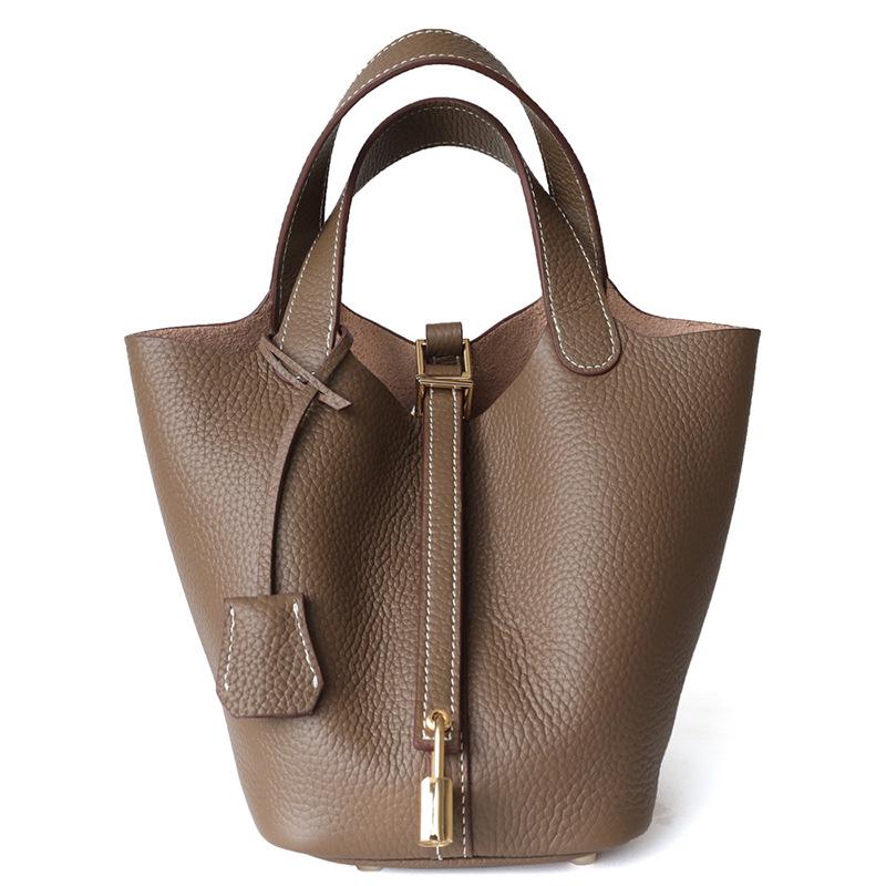 Women's Genuine Leather Bucket Handbag - Large Capacity, High-End Cowhide Veggie Basket Style