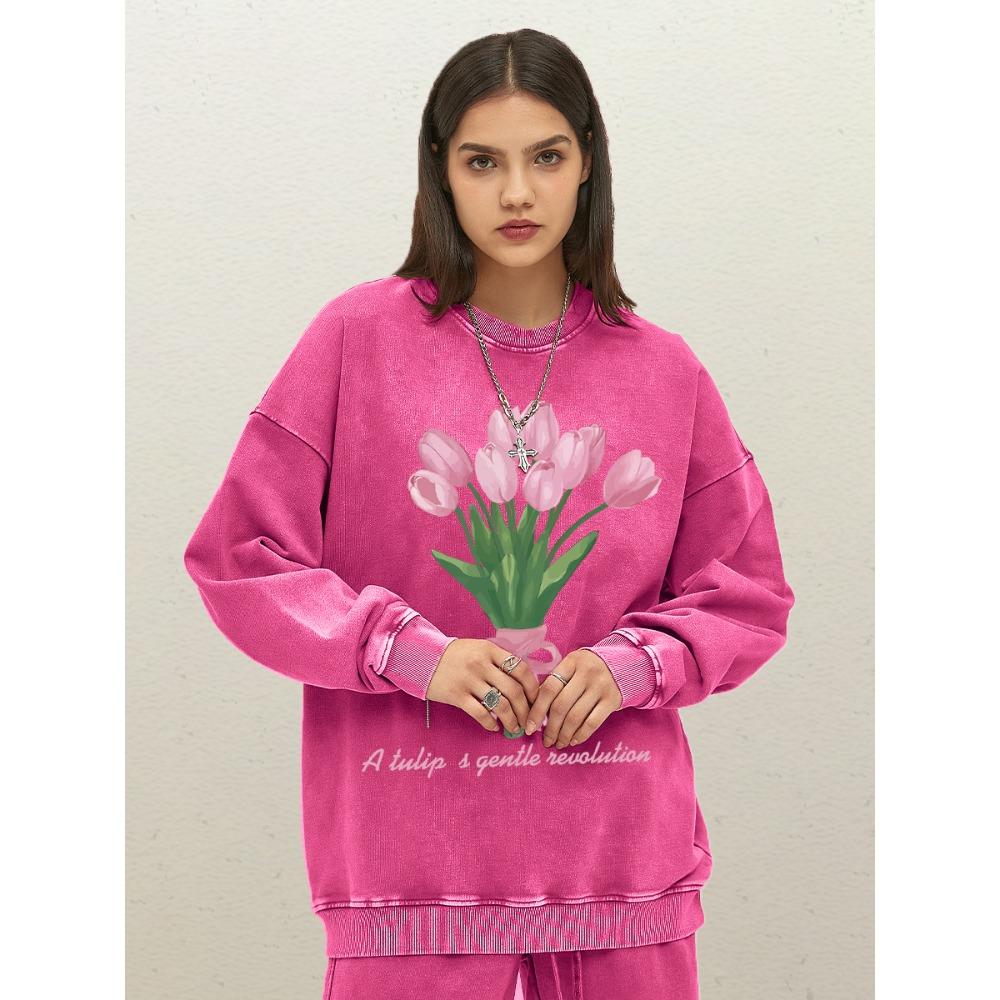 A Tulip A Gentle Neualution Pattern Women Washed Sweatshirt Autumn Casual Sportswear Loose Clothing Streetwear
