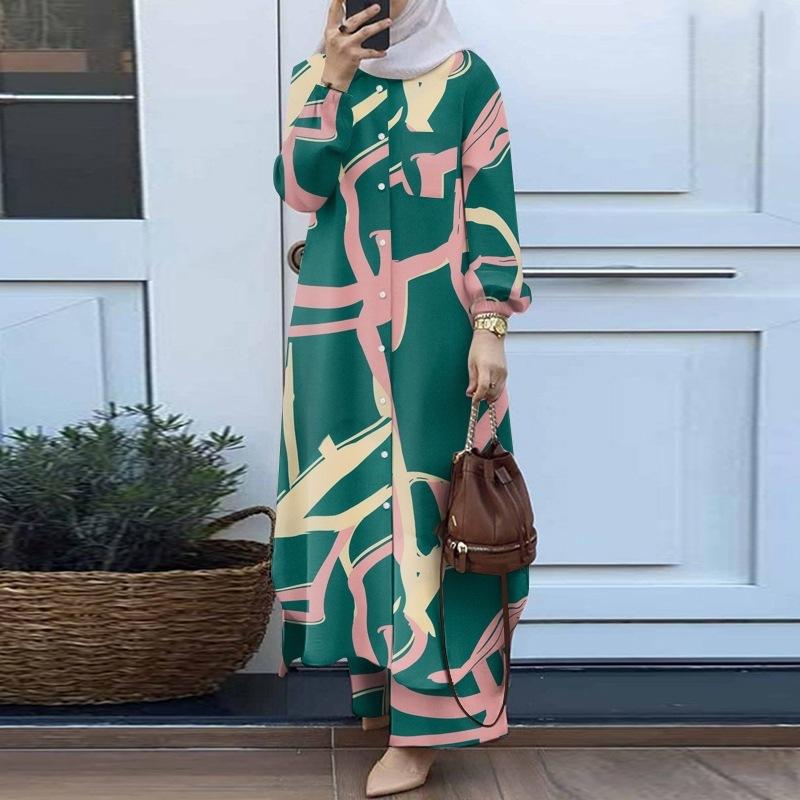 Muslim women's fashion floral print two-piece spring and autumn clothing retro long shirt wide-leg pants set