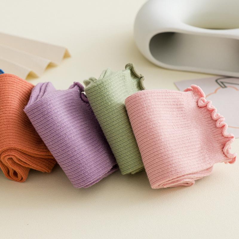 Women's Japanese Style Black Lace-Trimmed Mid-Calf Cotton Socks - Cute Slouchy Autumn/Winter Solid Color Trendy Long Socks.