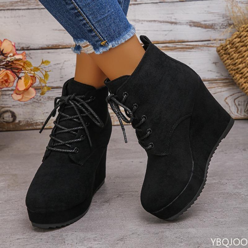Short Boots Winter Height Increase Fashionable Lace Up Simple Comfortable Wedge Heel Daily Casual Women's Shoes