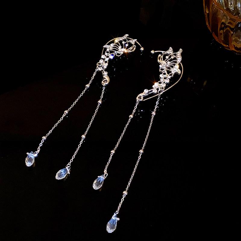 Elegant Rhinestone Flower & Water Drop Tassel Earrings - High-End Fashion Ear Cuffs