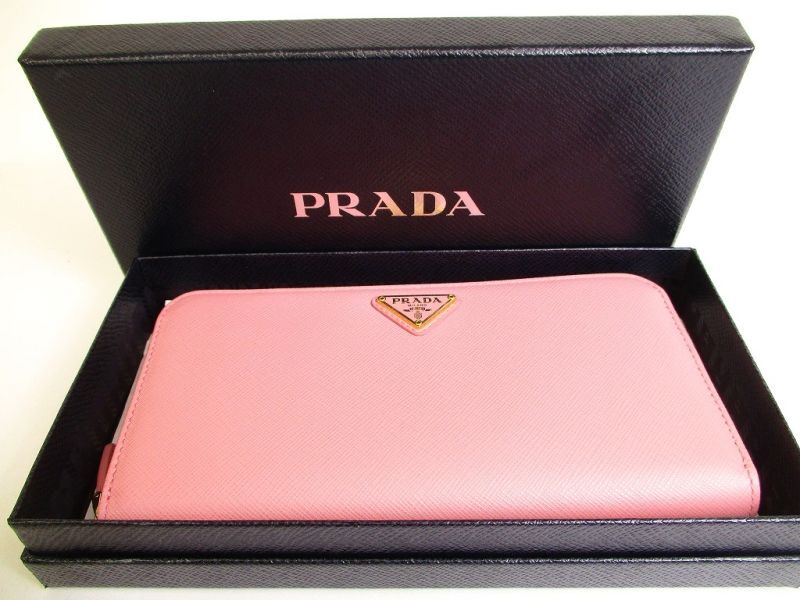 Authentic PRADA Pink Saffiano Triang Leather Round Zip Long Wallet #9968  Open Box
