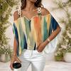 Women Plus Size Off Shoulder V Neck Short Sleeve Blue Black Abstract Print Loose Blouse