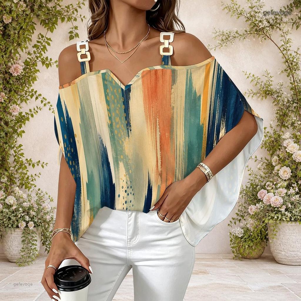 Women Plus Size Off Shoulder V Neck Short Sleeve Blue Black Abstract Print Loose Blouse