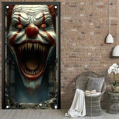 1pc 2D Horror Clown Door Banner Clown Pattern Design Suitable for Halloween Parties Front Door Decoration Party Ornaments