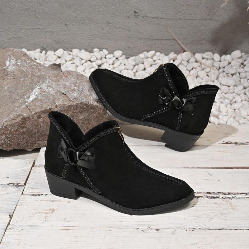Fashion New Winter Chunky Cotton Boots Women's Pointed Suede Butterfly Knot Side Zipper Soft-soled Non-slip Ankle Boots