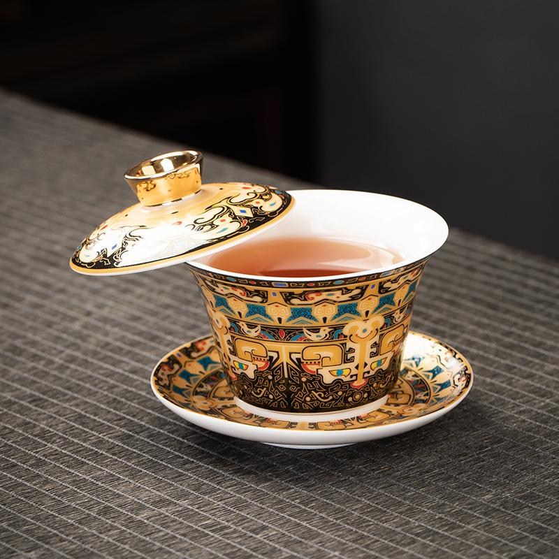 Rotating Sancai Gaiwan: Enamel Color Mutton Fat Jade Porcelain Tea Bowl with Lid for Kung Fu Tea Brewing.
