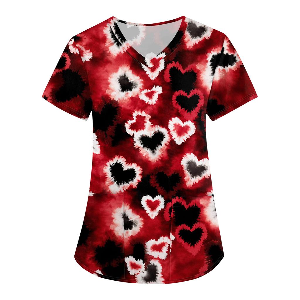 Damen Valentinstag Print Lockerer V-Ausschnitt Tasche Kurzarm Pflegeuniform/ Uniform