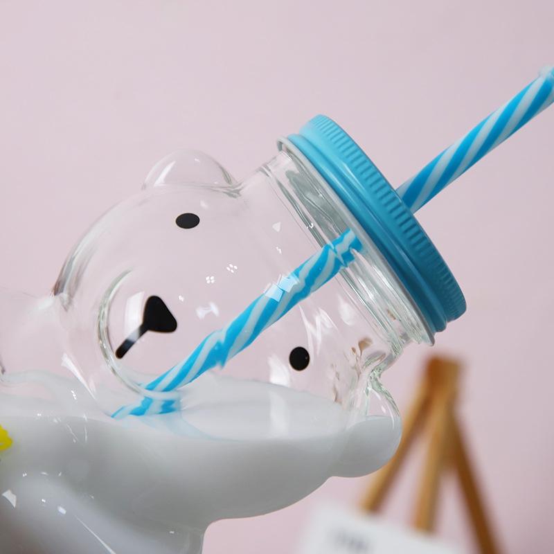500 ml Cartoon Bärenförmige Glastasse mit blauem Strohdeckel Transparentes Saft-Cocktailglas Restaurant Zuhause Kaffee Milch Tasse