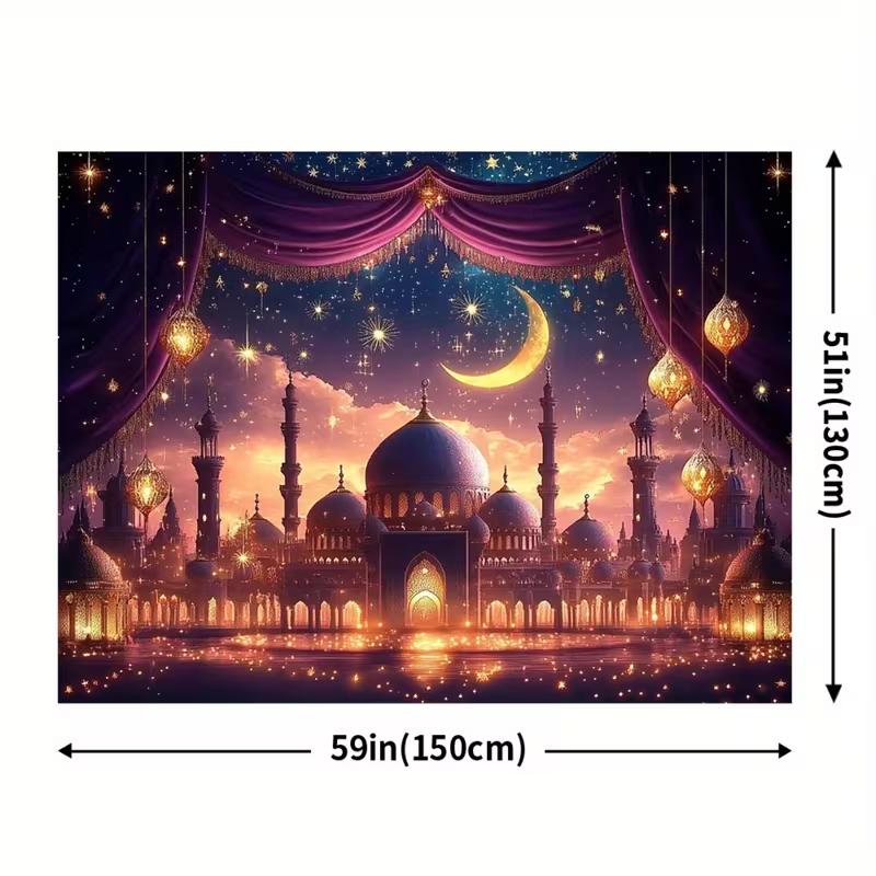 2D Elegant Islamic Tapestry, Night Mosque with Golden Lanterns