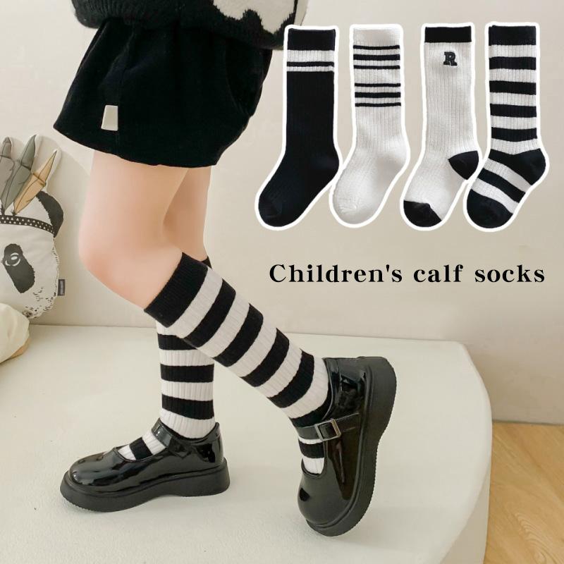 Letter Stripe Kids Girl Knee HighSocks Fashion Balck White Children Stockings Soft Cotton Knee Protection Long Sock Sokken Sox