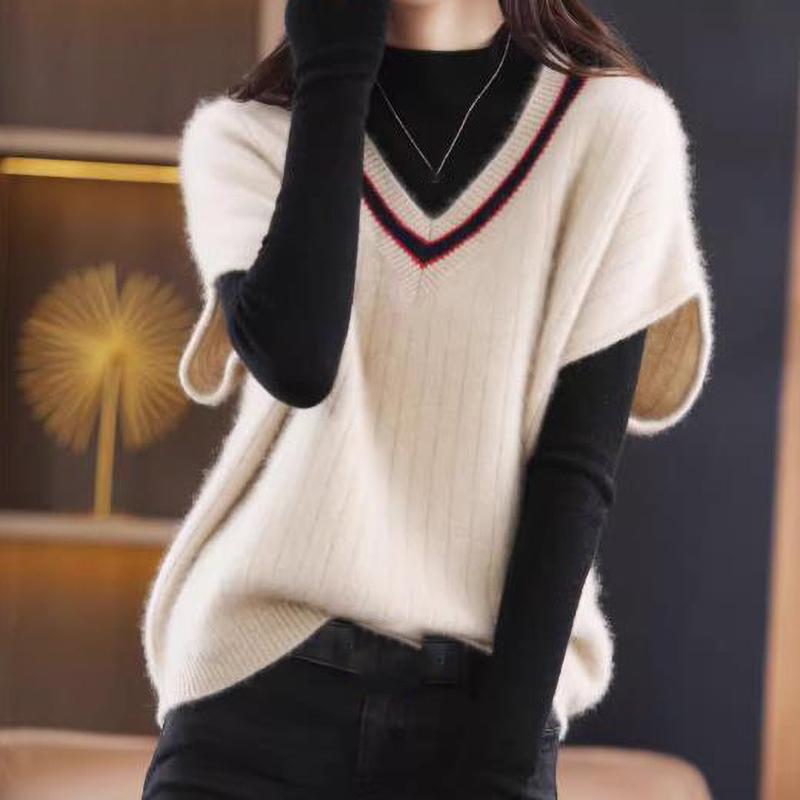Women's Short Sleeve Knitted Vest Spring Fall Contrast V Neck Pullovers Jumper Loose Casual Ladies Gilet Sweater