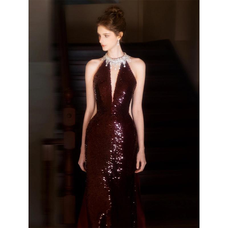 Sequin toasting suit bride burgundy engagement banquet temperament long neck type heavy industry fishtail evening dress dress woman