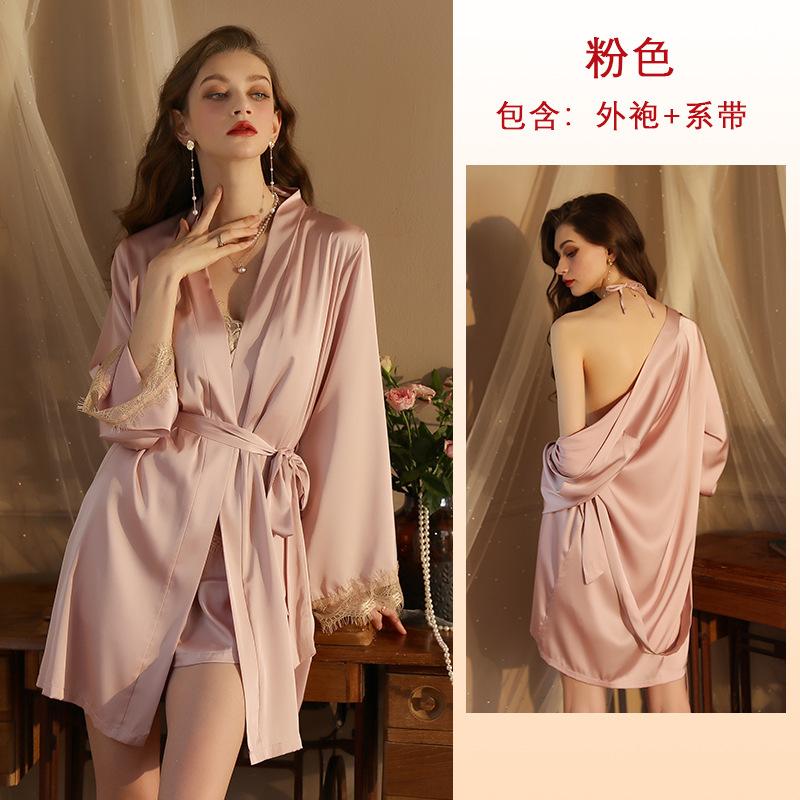 

Осенне-зимняя пижама из ледяного шелка, женская атласная кружевная сексуальная ночная рубашка с длинными рукавами и шнуровкой L