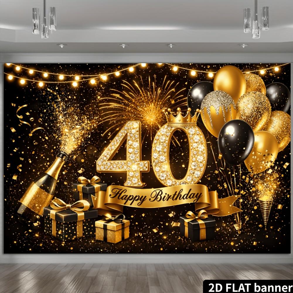 Bannière de fond pour fête d'anniversaire 40 ans - Thème scintillant noir et doré, célébration d'anniversaire en intérieur ou en extérieur