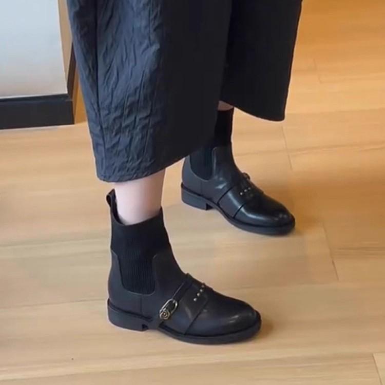 Sheepskin Version~ Fashion Retro Rivet Belt Buckle Splicing Elastic Thin Boots Women's Versatile Socks Boots Short Boots Martin Boots