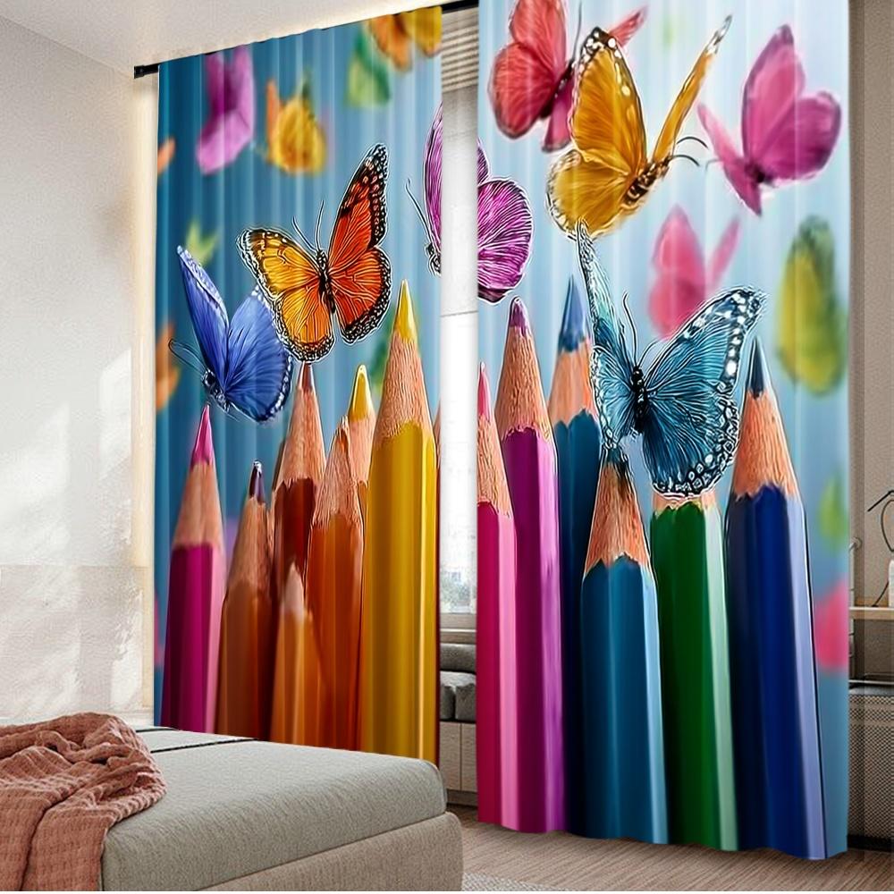 

Flat Printing Window Treatment Curtains Colorful Butterflies Pencils Digital Printed Polyester Drapes Family Party Curtain Set Of 2 Made Washable W100*H70(CM)-Grommet top&2PCS