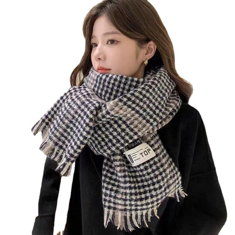 Houndstooth Scarf Women's Winter Warm New Style High End Ins Style High School Girls Student Scarf