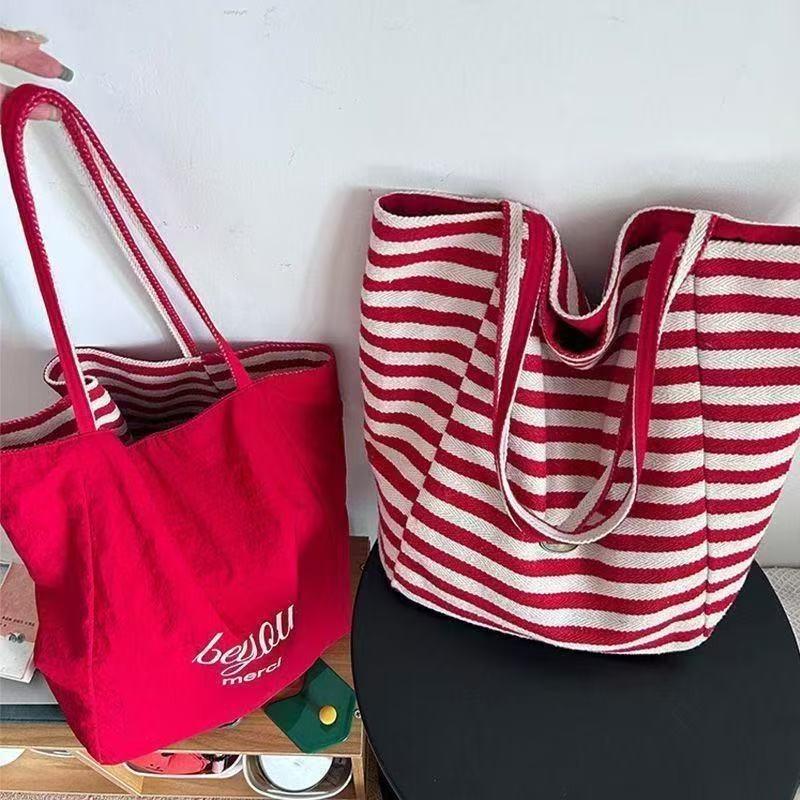 

Summer Striped Canvas Bag, Lazy Wind Tote Bag Student Large Capacity Casual Shoulder Bag Women