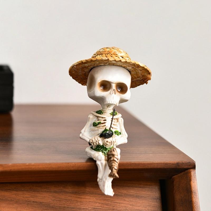 Miniature Resins Skeleton Fishing by Pond Intricate Detailing Figurine Gift for Collectors and Halloween Enthusiasts
