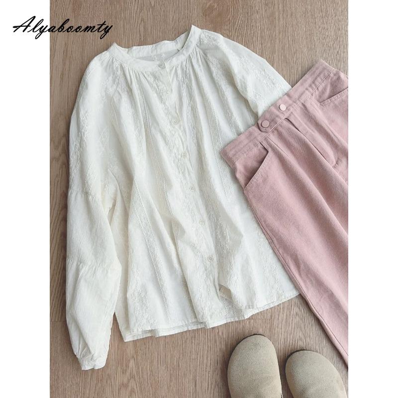Spring Summer Women Baggy Blouse Stand Collar Apricot Floral Embroidery Oversized Shirt Long Sleeve Cotton Ladies' Blouse