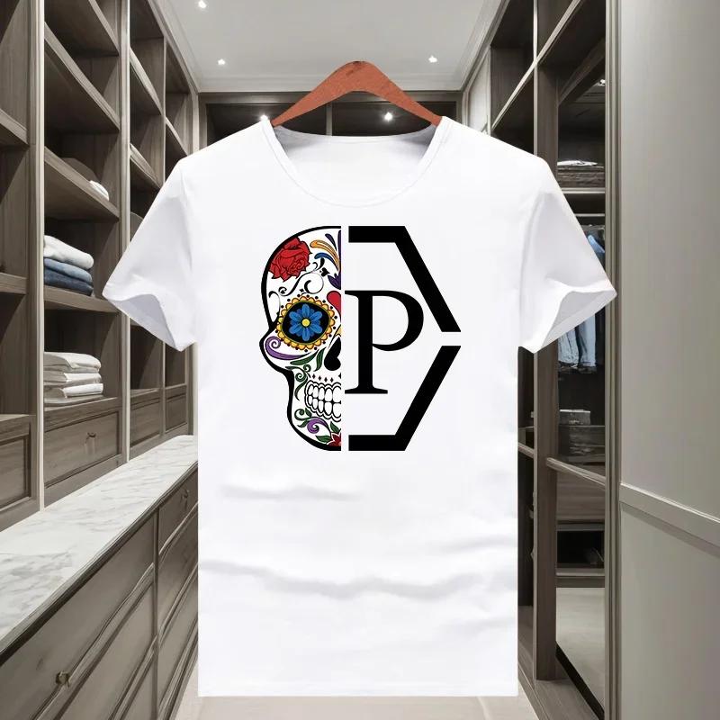 The 2025 Summer Men's Classic and Trendy Brand Semi-skull Print Loose Short-sleeved T-shirt with a Round Neck Y2k Top