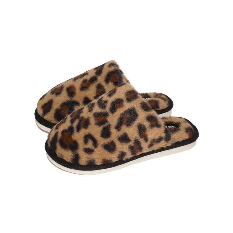Leopard Print Fur Slippers for Indoor Warmth and Plush Cotton Slippers