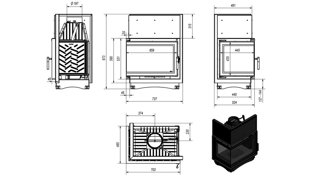 Cast iron fireplace KRATKI ZUZIA DECO left 15 kW Ø 200