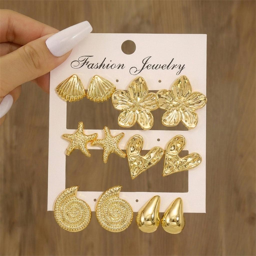 Vintage Gold Color Textured Starfish Shell Heart Stud Earrings Set For Women Chunky CCB Floral Earring Summer Aesthetic Jewelry