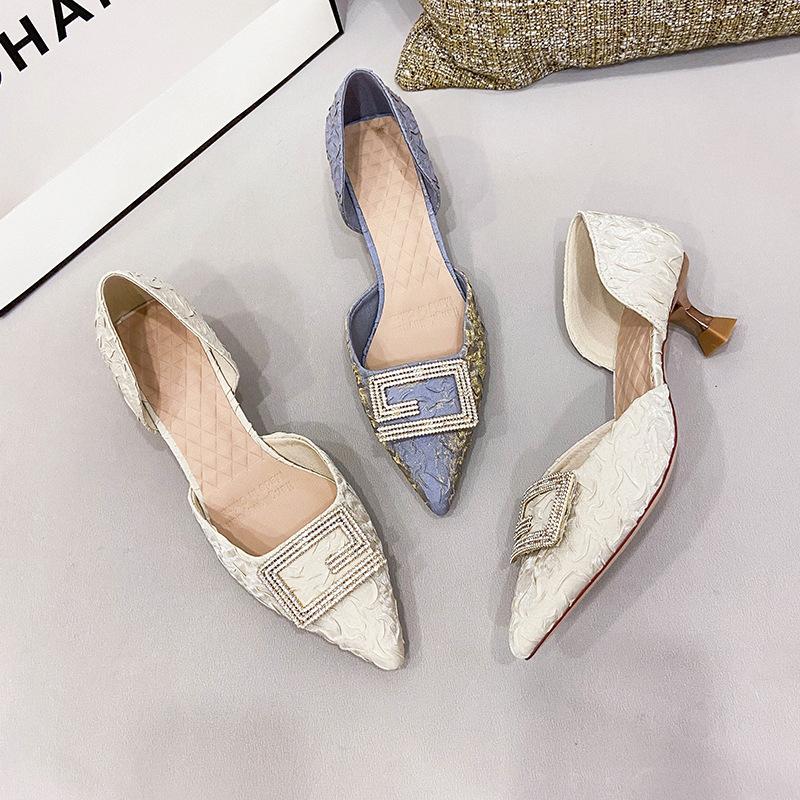 2025 neue Strass-Metallschnalle High Heels Temperament Weinglasabsatz Seitenausschnitt Einzelne Schuhe ins schlicht hohl Damenschuhe