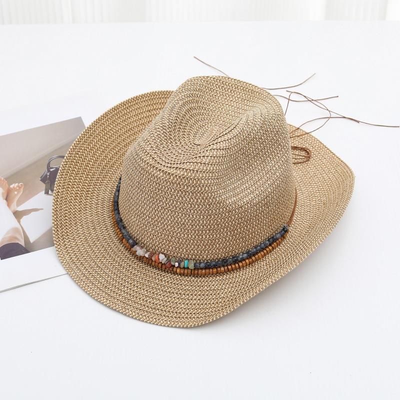 Straw Cowboy Hat with Turquoise Beaded Band Lightweight Breathable Western Sun Hat for Outdoor Beach Rodeo UPF Sun Protection