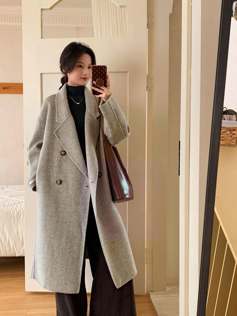 Luxurious Hand-Stitched Korean Cocoon Double-Faced 100% Wool Coat