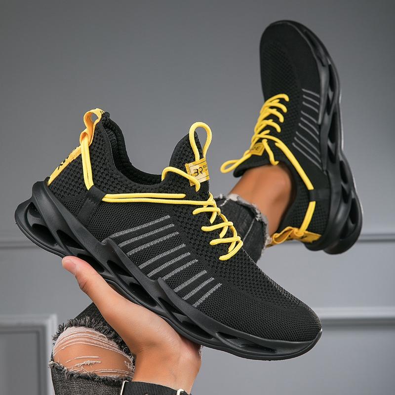 Men Breathable Knit Blade Sneakers for Men Women Lightweight Non-Slip Walking Shoes with Contrast Yellow Laces