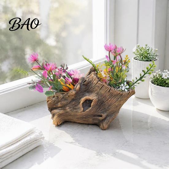 Small Succulent Planters Resin Tree Stump Flowerpot for Succulents Plants, Imitation Wood Grain Planter Decorative Plant Containers Indoor Home Office
