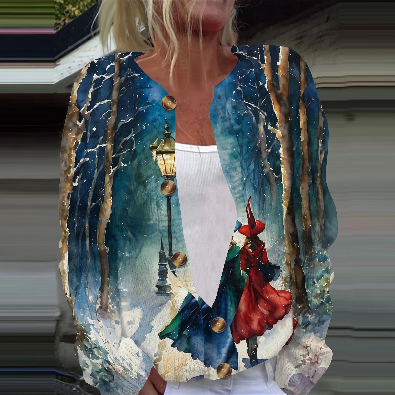 Women s Halloween Print Long Sleeve Knit Cardigan Button Down Sweater L