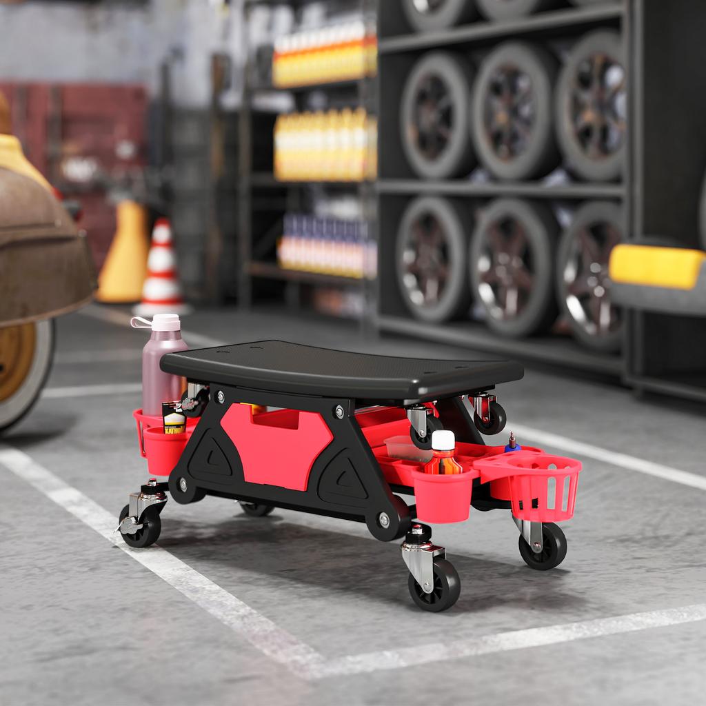 Rolling Mechanic Stool, 135kg Capacity Workshop Stool with 360 degrees Swivel Wheels, Roller Creeper Seat with Slide Out Tool Trays, Drawer