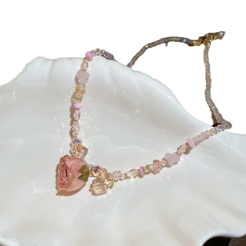 Exquisite Beaded Fairy-Style Eternal Flower Necklace - Light Luxury Clavicle Chain for Women