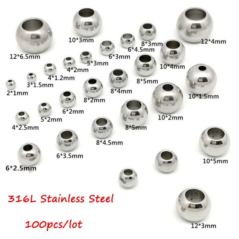 100 ks 2 mm-12 mm Korálky z nerezové oceli 316L Evropské Kovové Kuličky Distanční Korálky s Velkým Otvorem pro Výrobu Šperků DIY Náramek Náhrdelník