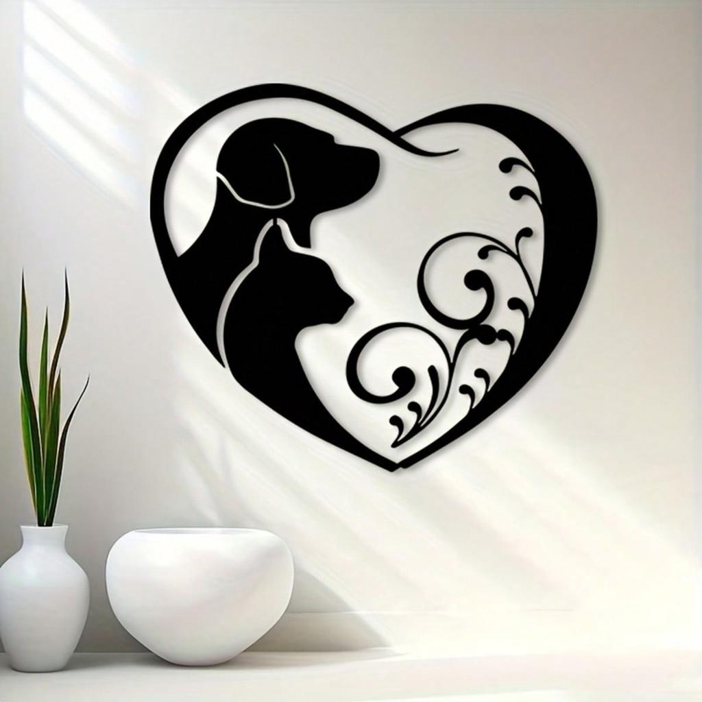 Pet Heart Shape Metal Wall Art Black Silhouette Dog Cat Lover Gift Indoor Outdoor Decor