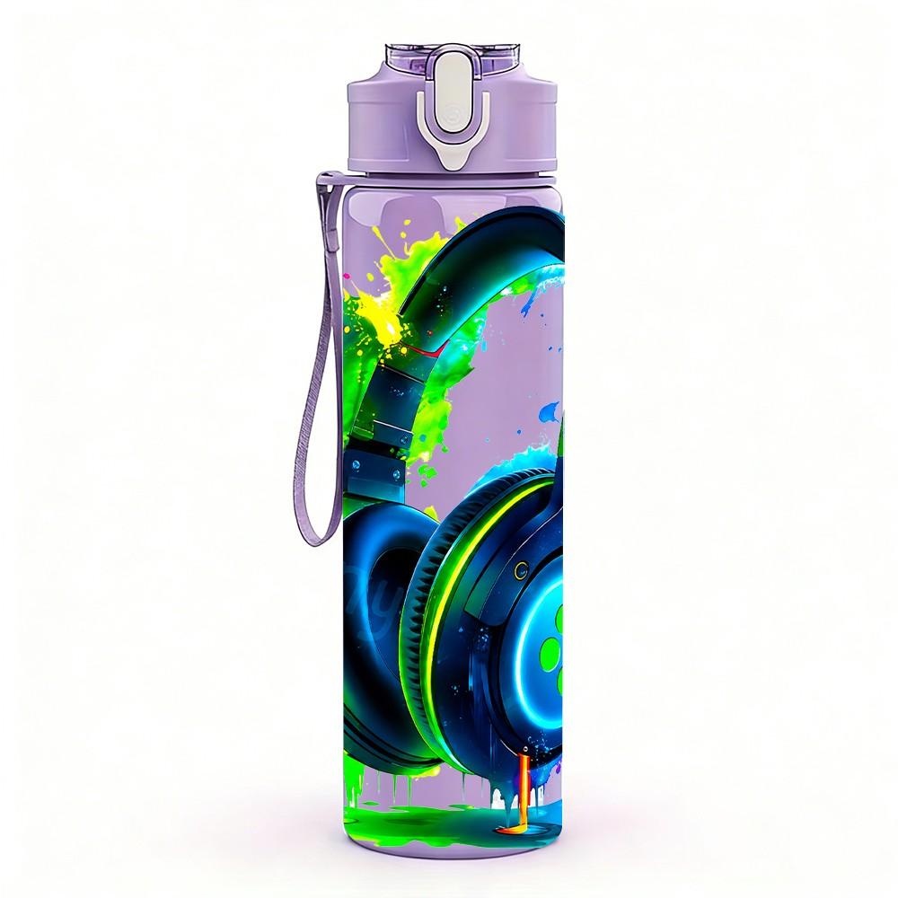 1PC Neon Color Headphone 750ml Color Plastic Sports Water Bottle Leakproof Flip Straw Lid Suitable for Sports Office Home Use